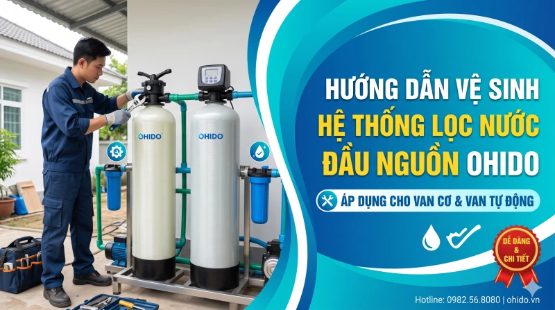 Kỹ thuật viên đang tiến hành vệ sinh và bảo dưỡng hệ thống lọc nước đầu nguồn tại nhà khách hàng.